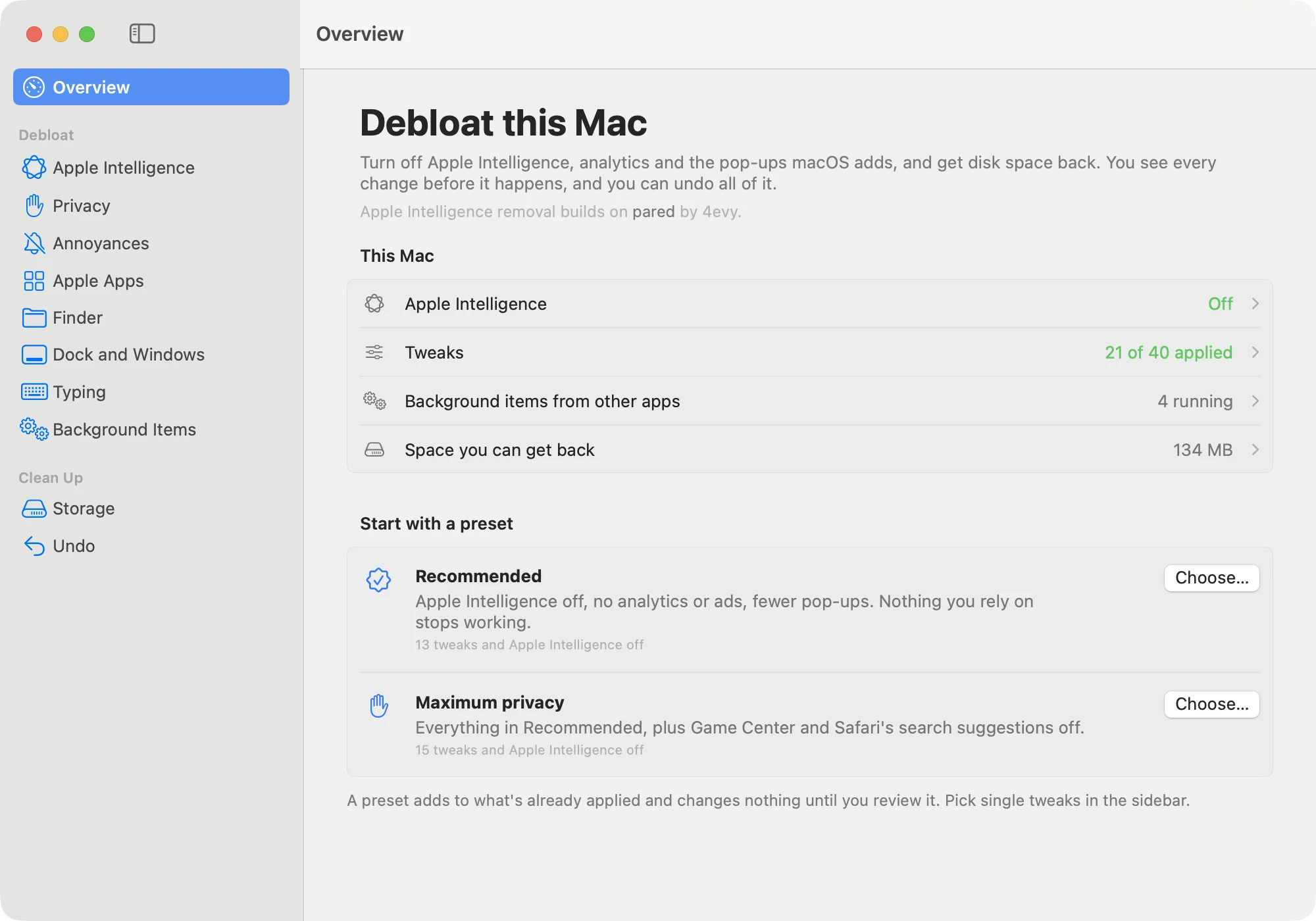 The RemoveMacAI app showing the state of this Mac and two presets
