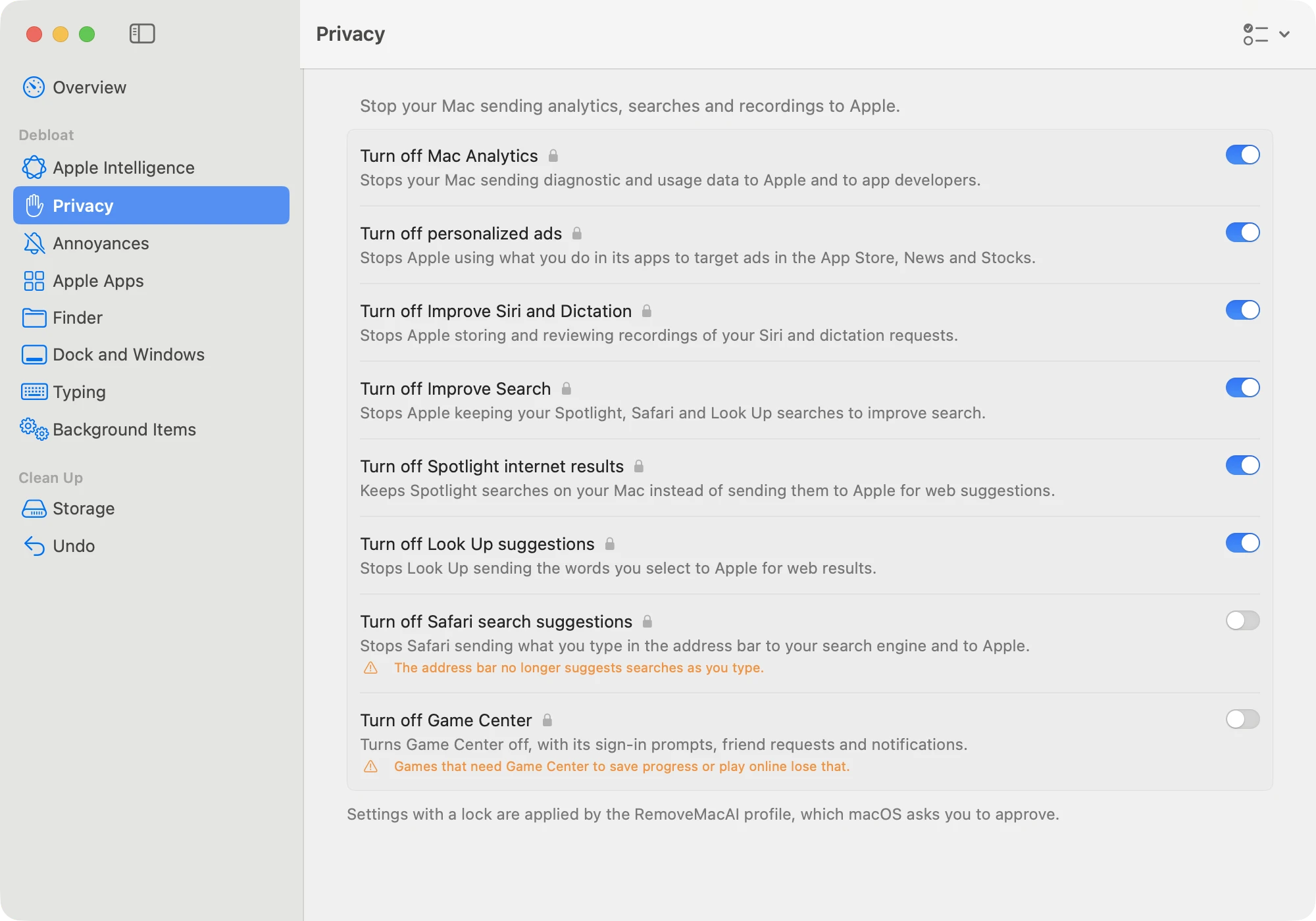 Privacy settings in RemoveMacAI