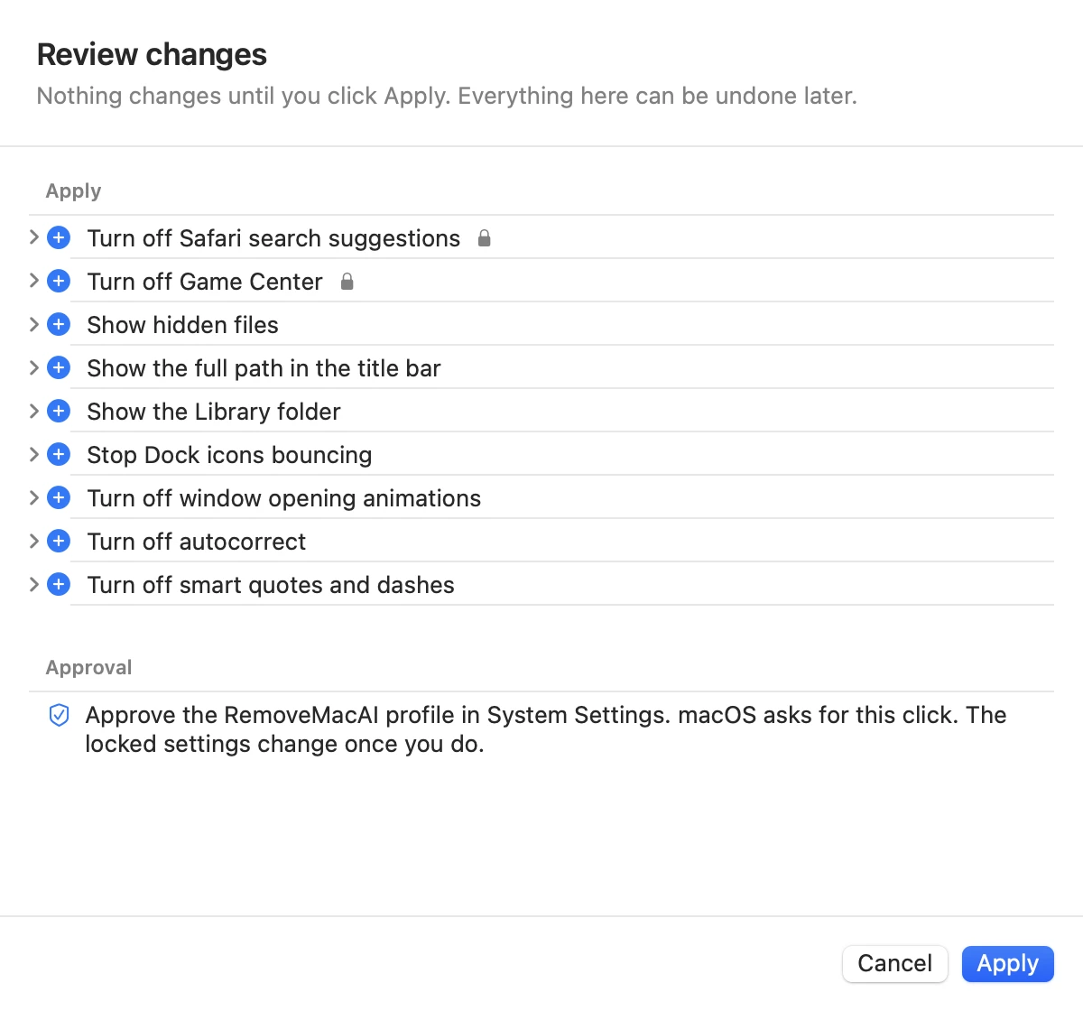 The review sheet listing changes before they are applied