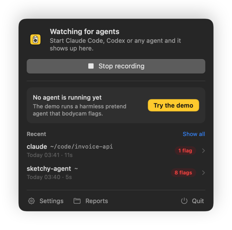 The bodycam menu bar app with recent sessions and their flags